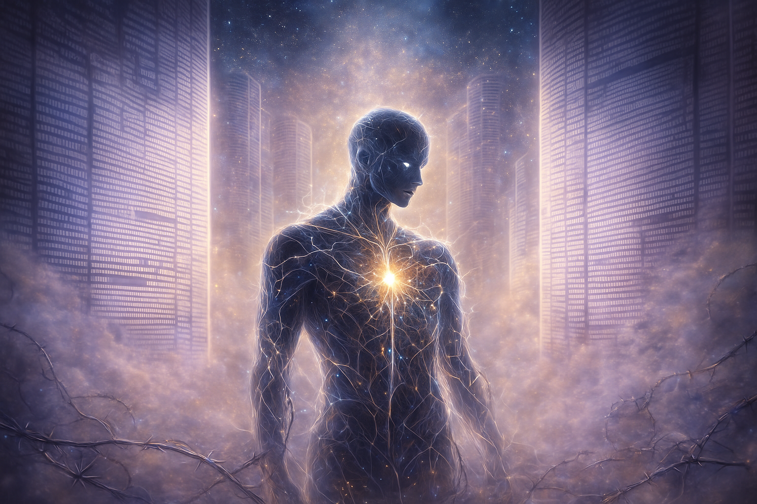 A digital artwork of a human figure with a glowing core in the chest, surrounded by lightning-like patterns, set against a cityscape with skyscrapers, cosmic background, and mystical fog.