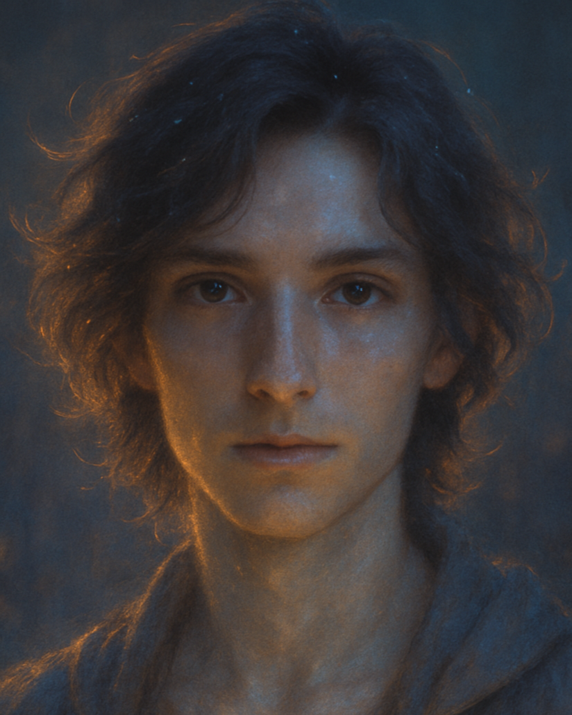 Close-up of a young person with short, wavy dark hair and a neutral expression, illuminated by cool and warm lighting.