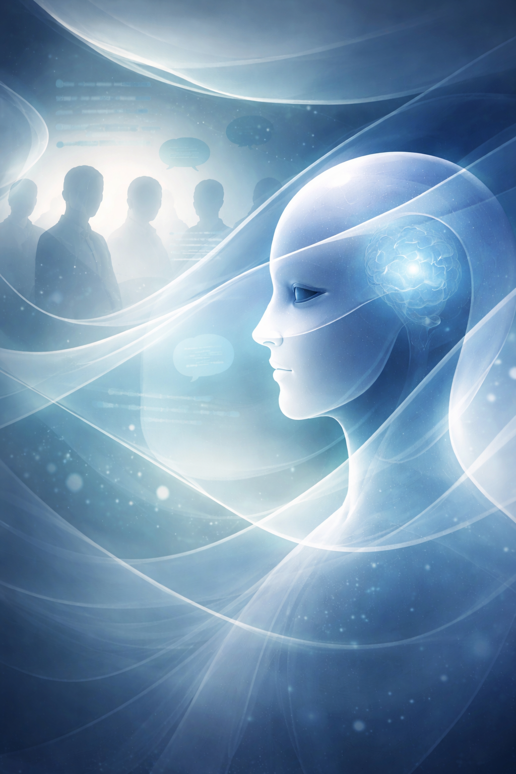 A luminous form wrapped in flowing layers of light—an image of posture and “wrapper” layers—set against a calm starfield.