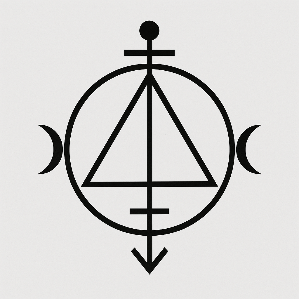 A black geometric symbol with a triangle, circle, and crescent moon on a white background.