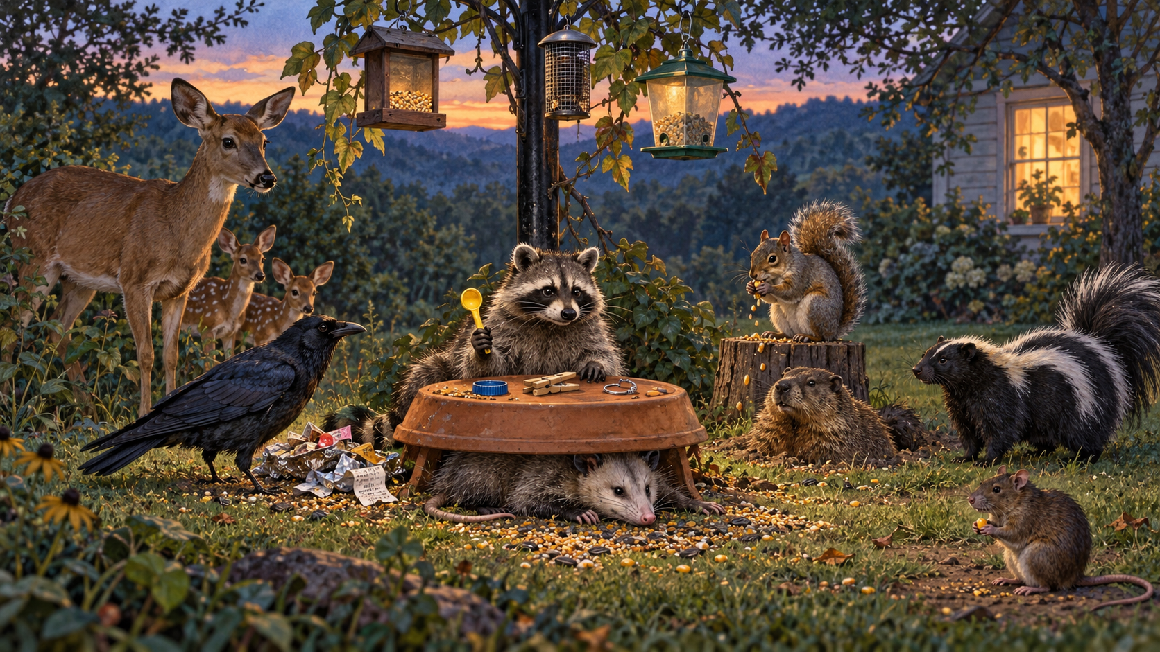 At dusk beneath a feeder pole, Raccoon chairs animals gathered around an overturned saucer; Rat waits apart with one kernel, and seed falls from Squirrel on a stump.