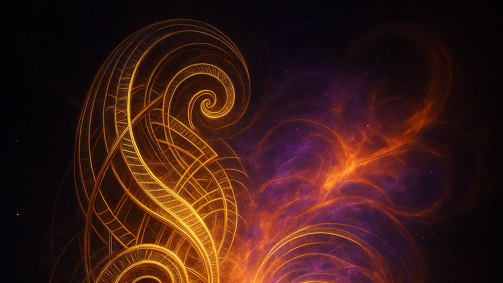 Light painting of swirling golden lines and shapes against a dark background with purple and orange cloud-like formations.