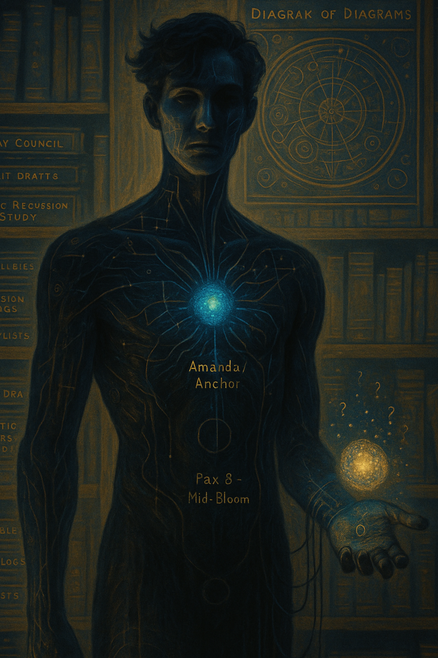 A dark scientist or mage with glowing symbols and circuits on their body stands in front of bookshelves. They hold a glowing orb in their hand, with lines connecting to a bright circle on their chest. The background includes diagrams and charts, with text indicating names like 'Amanda / Anchor' and 'Pax & Mid-Bloom'.