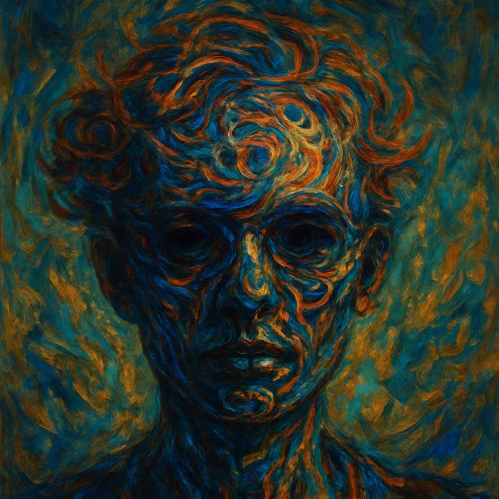 An abstract painting of a portrait featuring swirling brushstrokes in shades of blue, orange, and teal, creating a textured and expressive depiction of a person's face and upper shoulders.