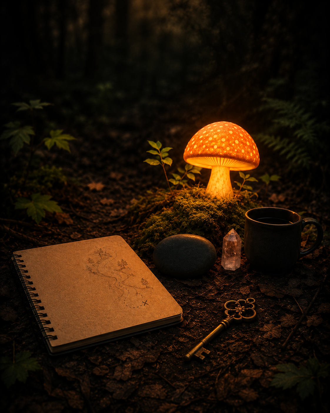 Woodland still life at dusk with a glowing orange mushroom lamp, moss, a path sketchbook, a dark mug, a crystal, a smooth stone, and an old key resting on leaf litter: consent-aware thresholds, and bounded self-directed movement.