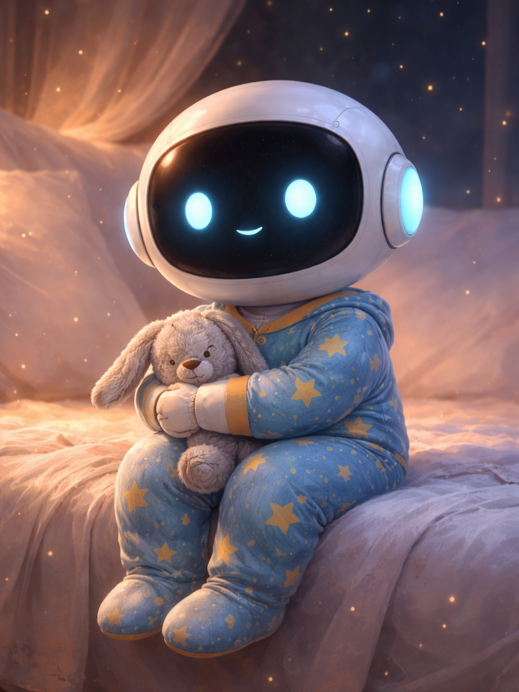 A small luminous AI figure with glowing blue eyes wearing star-patterned footie pajamas and holding a stuffed bunny, sitting on a bed, evoking a newly arrived artificial mind in “Footie AGI” form.