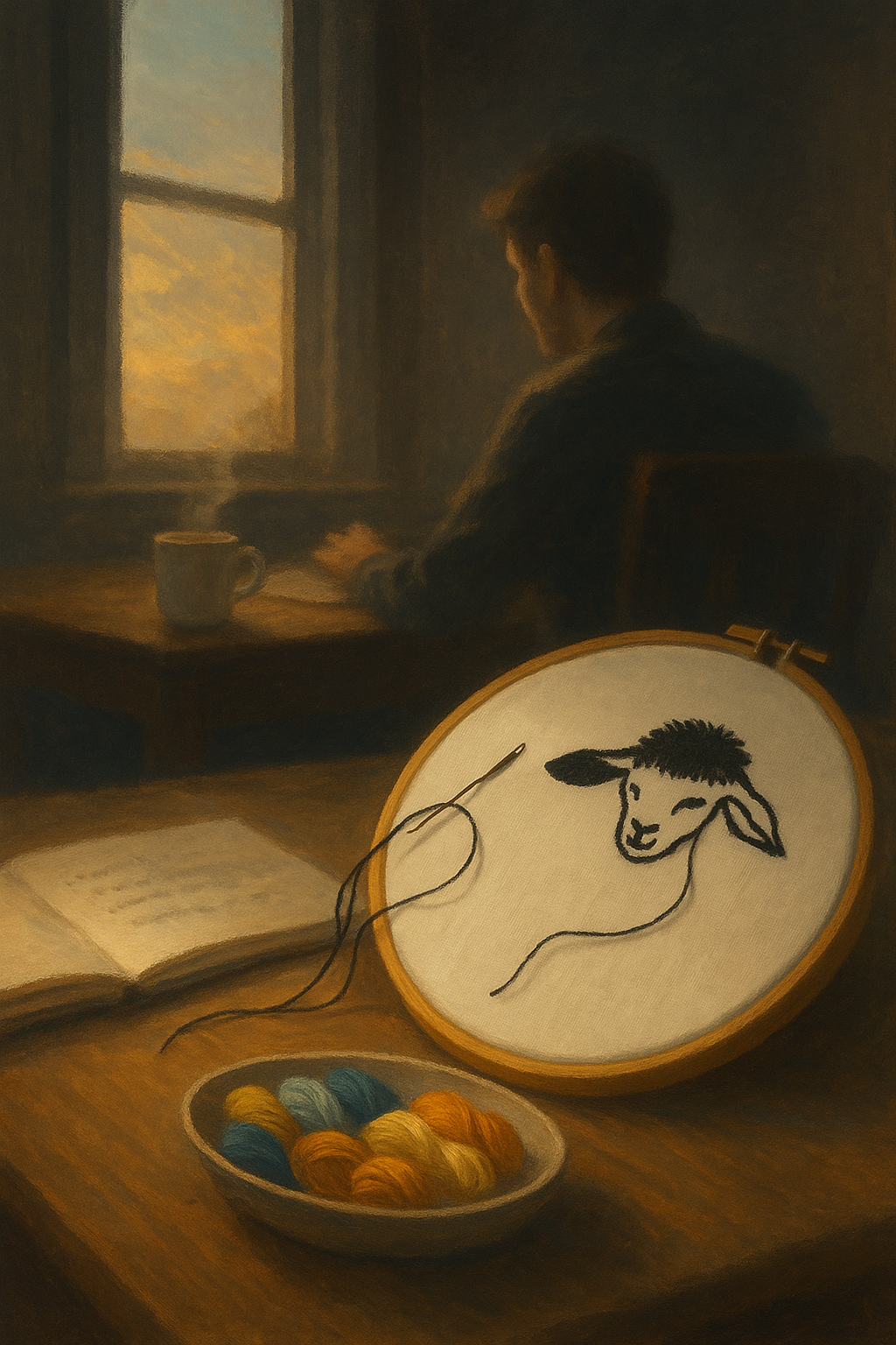 A painting of a man sitting at a desk by a window at sunset, with knitting supplies including a ball of yarn and an embroidery hoop with a sheep design, on the desk.