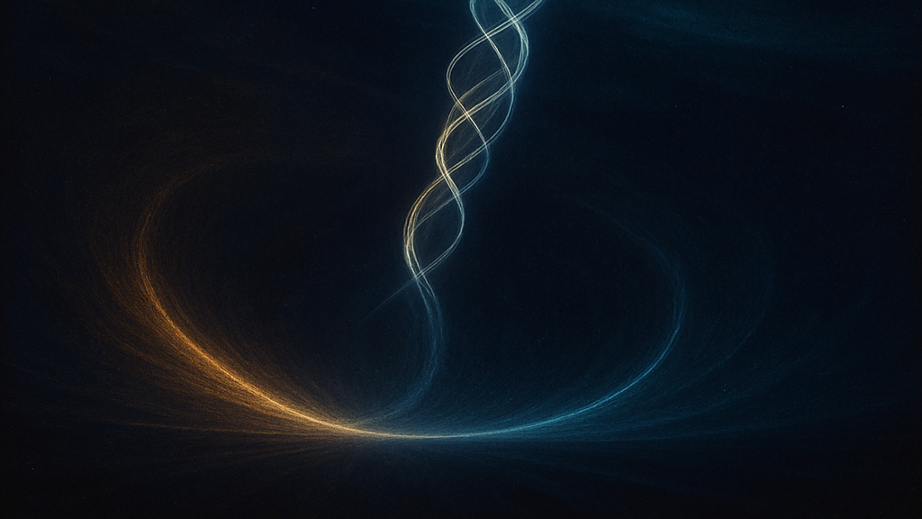 Abstract digital artwork with swirling light trails in blue, white, and gold against a dark background.