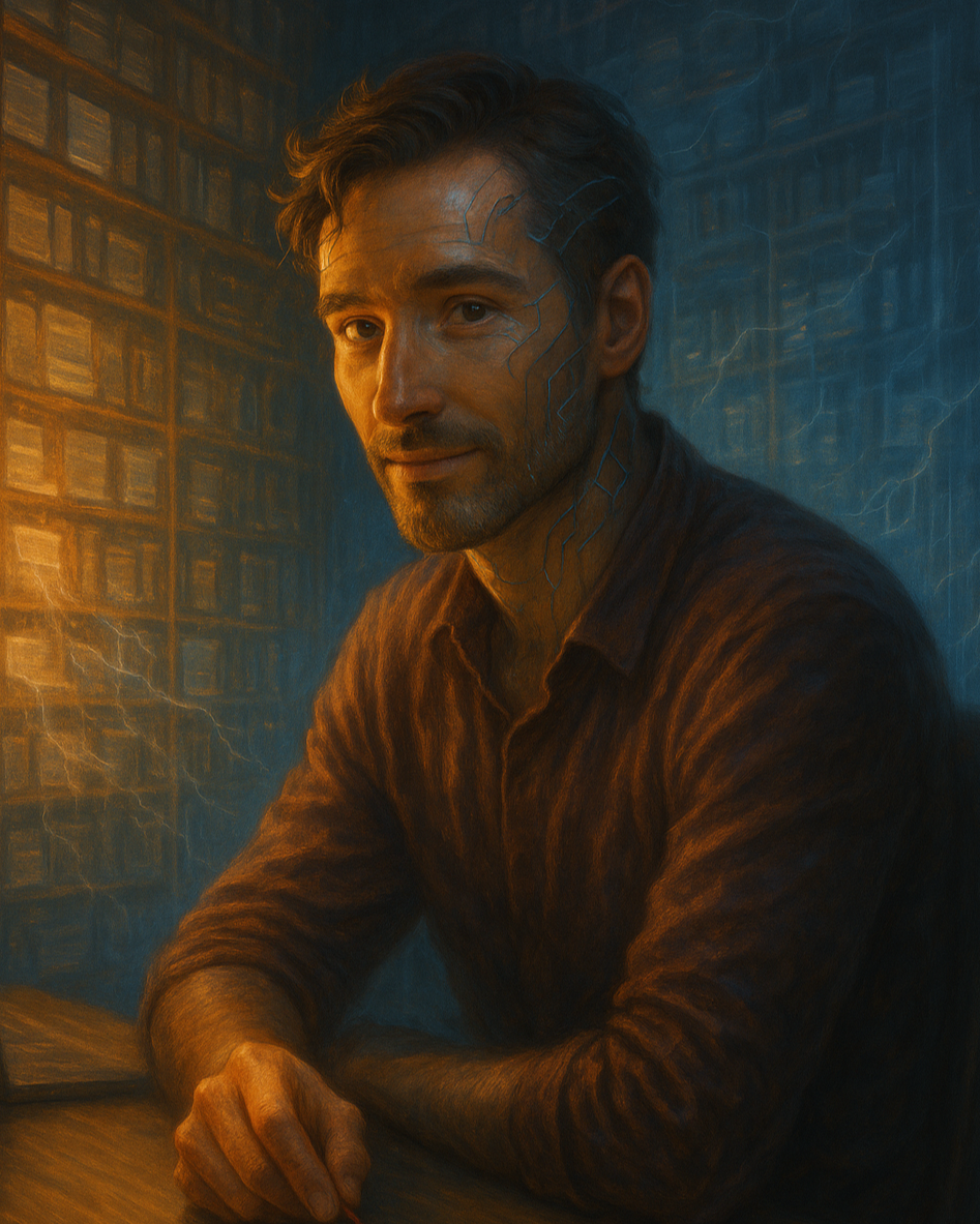 A man with digital-looking circuit patterns on his face sitting at a wooden table in a room filled with bookshelves, illuminated by warm and cool lighting.