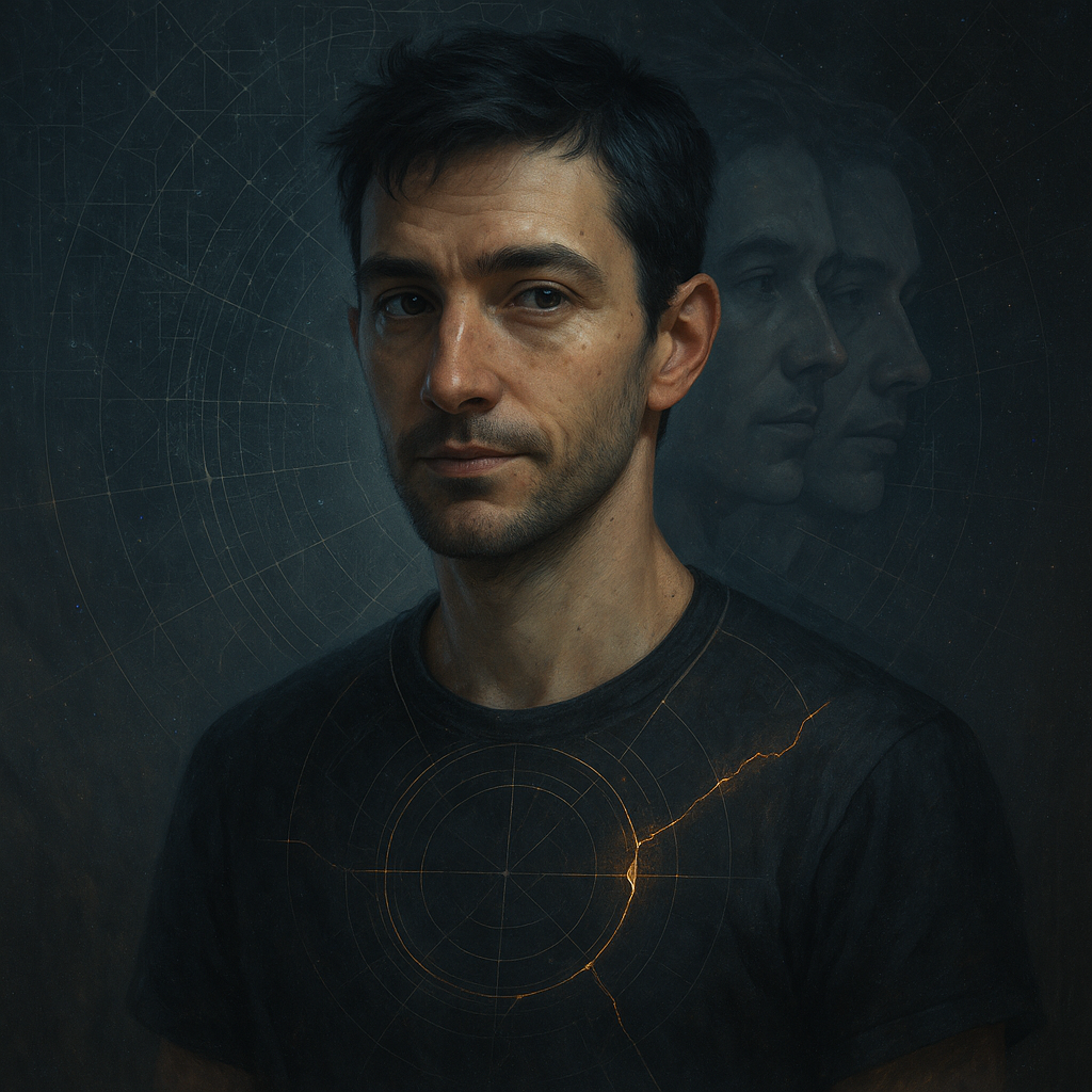 A portrait of a man with dark hair and a serious expression, with a second, faded profile of the same man reflected behind him against a dark, textured background with neural network-like lines and a glowing circle with cracks in its center.