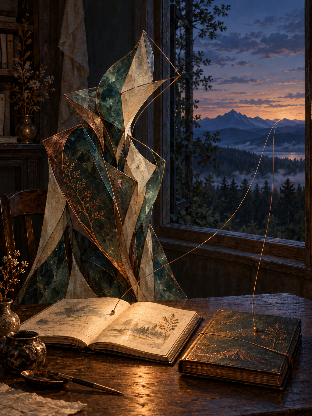 An abstract figure of translucent teal and ivory folds edged in copper stands behind a wooden desk holding an open illustrated book and a closed volume. Fine copper lines arc toward a window overlooking wooded mountains at dusk.