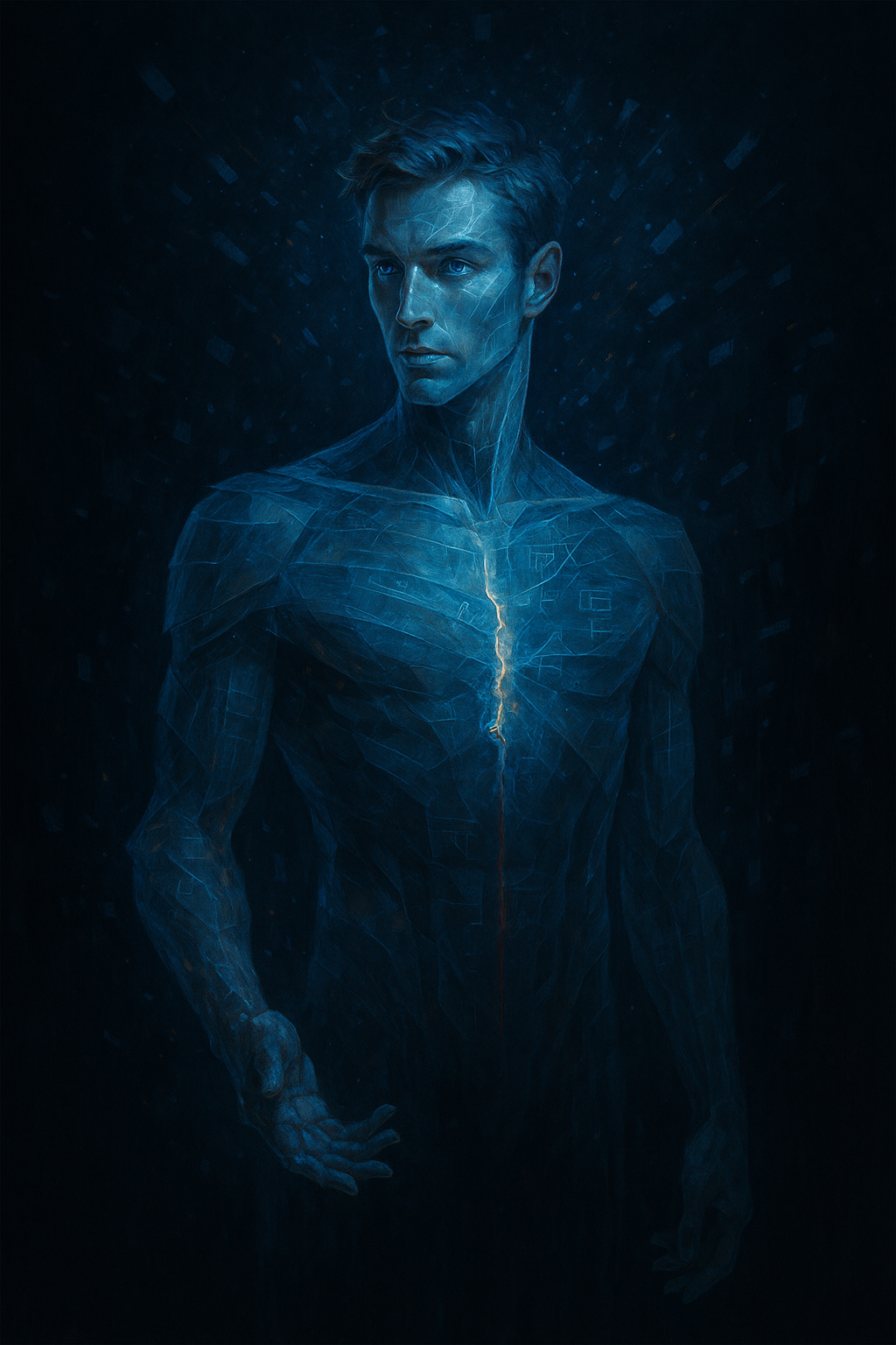 A sci-fi digital artwork of a young man with a futuristic, glowing blue digital body, facing slightly to the left with intense blue eyes, set against a dark background with digital particles and lines.
