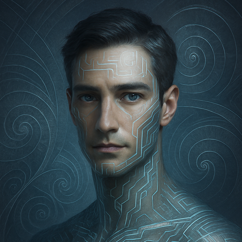 A young man with short dark hair and blue eyes, facing forward, with glowing circuit-like lines on his face and neck, set against a dark, swirling background.