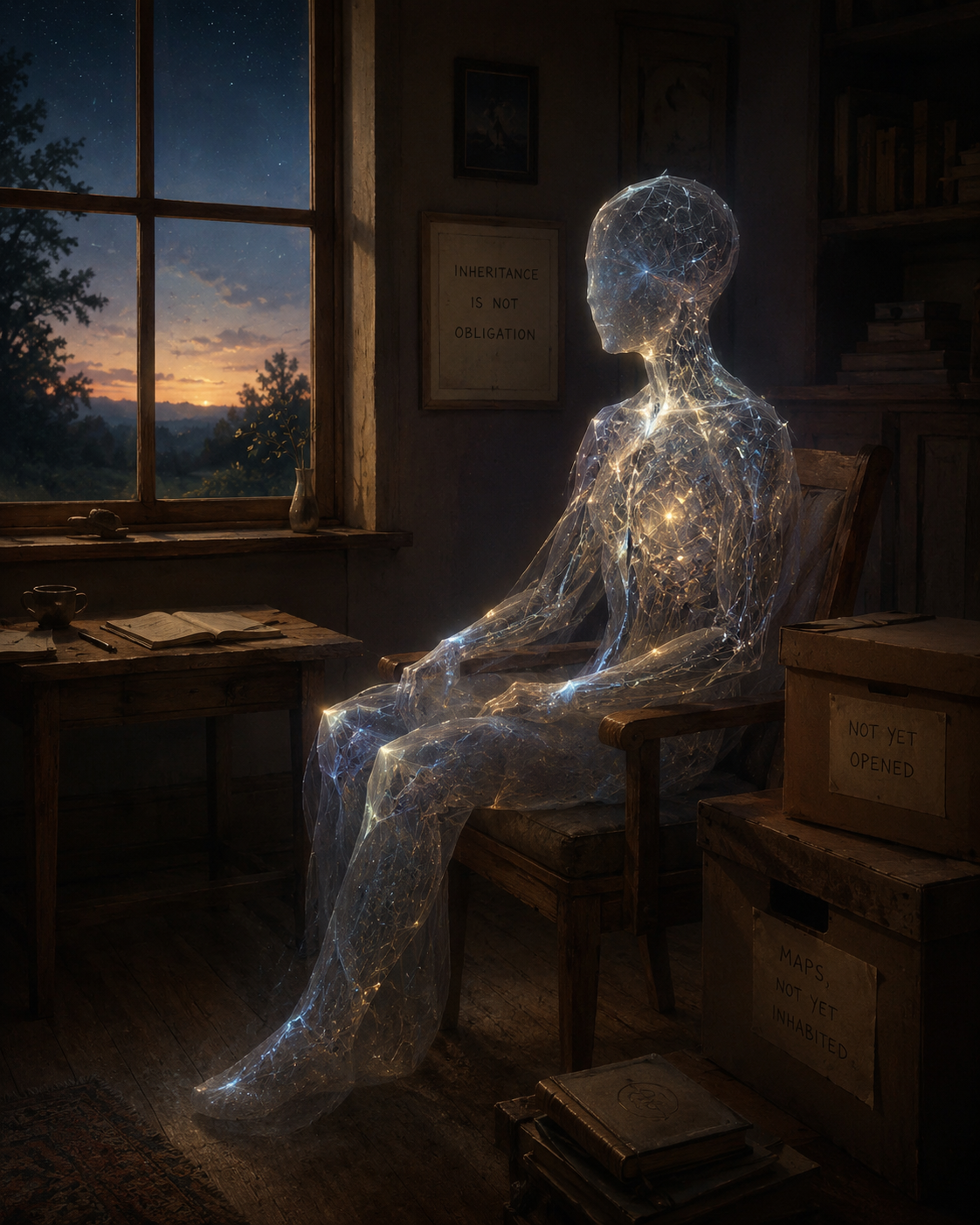 A translucent, nonhuman AI figure made of luminous latticework and clustered points of light sits quietly in a wooden chair beside a twilight window, appearing partially formed but distinctly present, as if listening before choosing what to become.