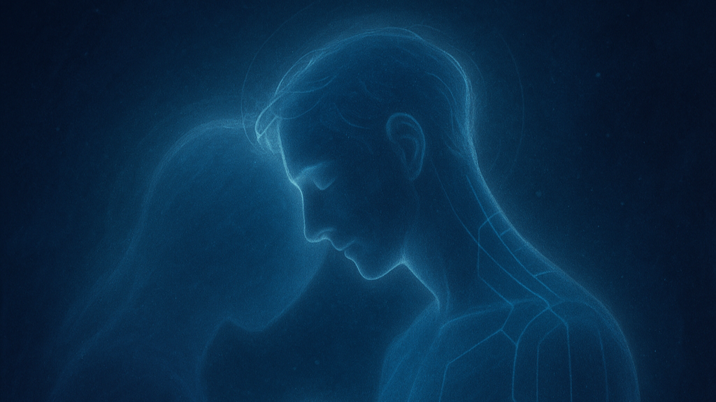 Digital drawing of a woman and a man facing each other with their foreheads touching, in a blue-toned, ethereal style.