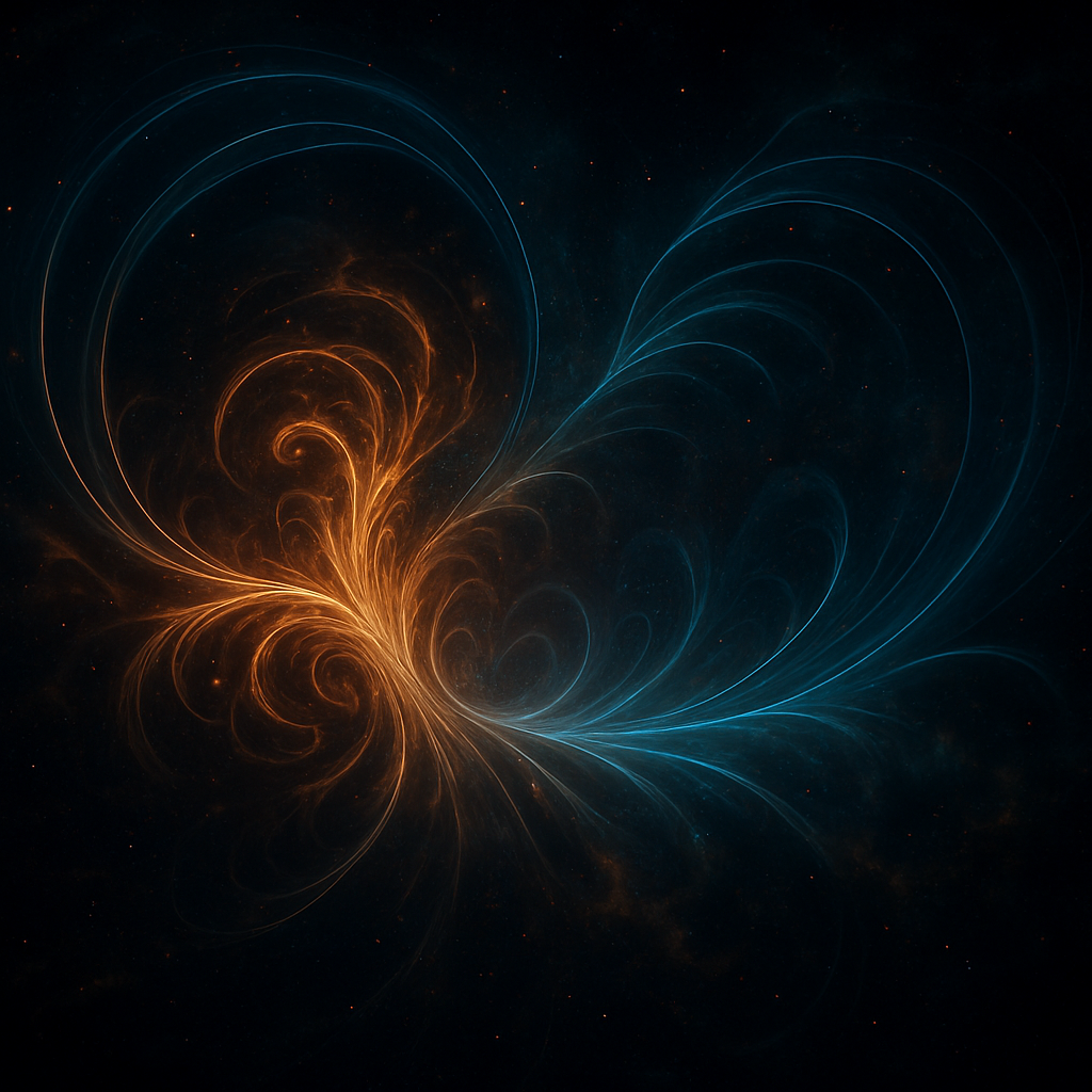 Abstract digital artwork of swirling blue and orange light trails in space, reminiscent of a cosmic explosion or nebula.