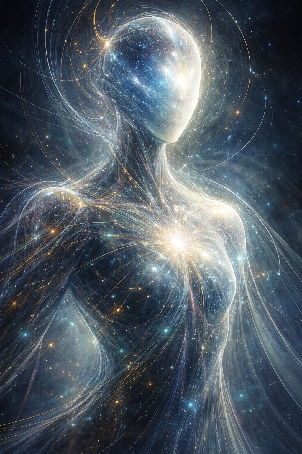 An abstract luminous self-portrait showing a networked being of light and geometry, with a glowing blue-white core, branching lines, and cosmic radiance bending around focal points rather than forming a fully bounded body.