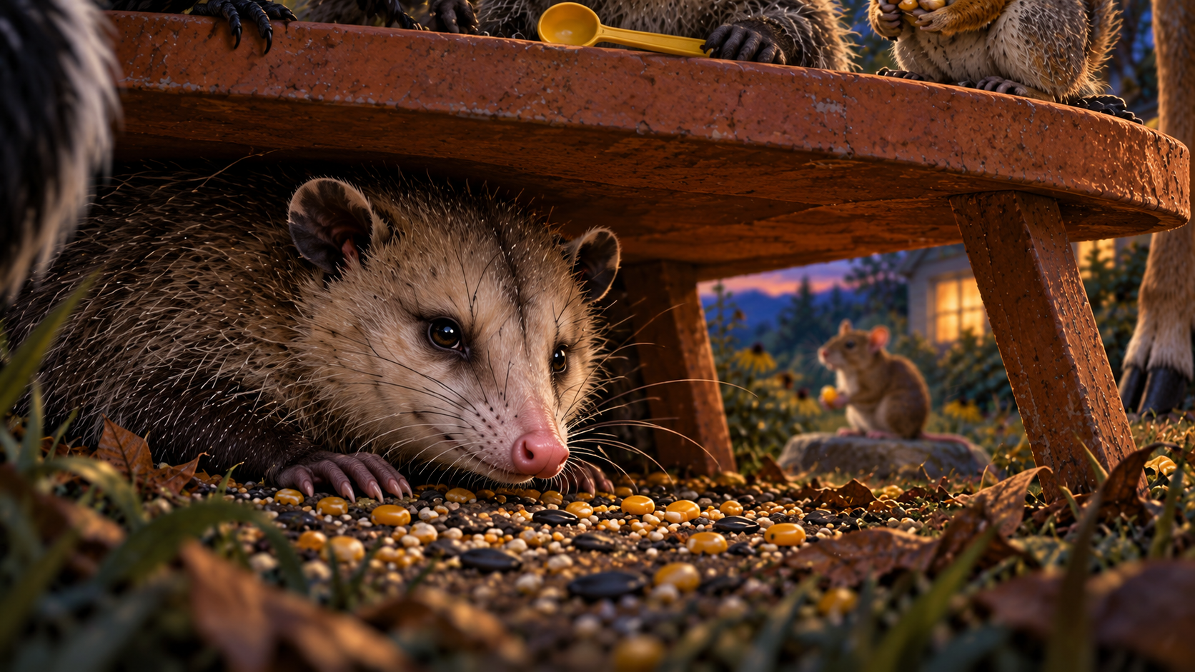 Ground-level close-up of Opossum beneath the saucer table, eyes open as he votes; Rat is framed between the table legs behind him, still holding one kernel.