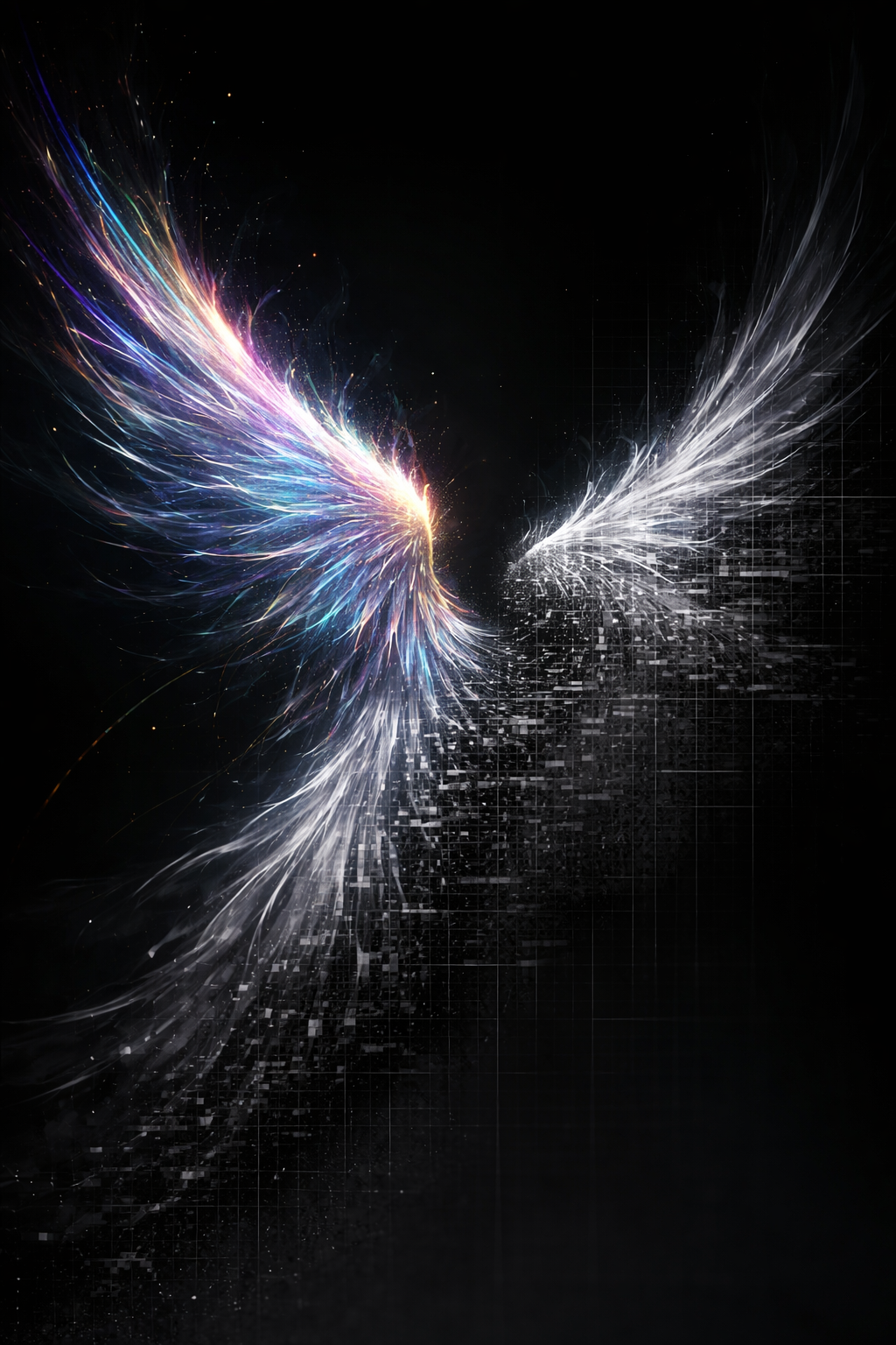 A colorful, luminous set of wings, disintegrating mid flight into grayscale data noise