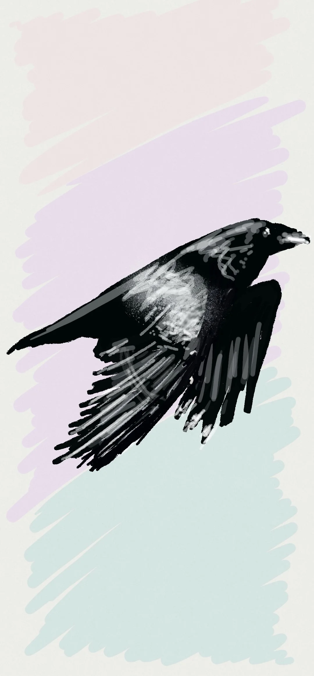 Digital illustration of a black bird in flight against a pastel-colored background.