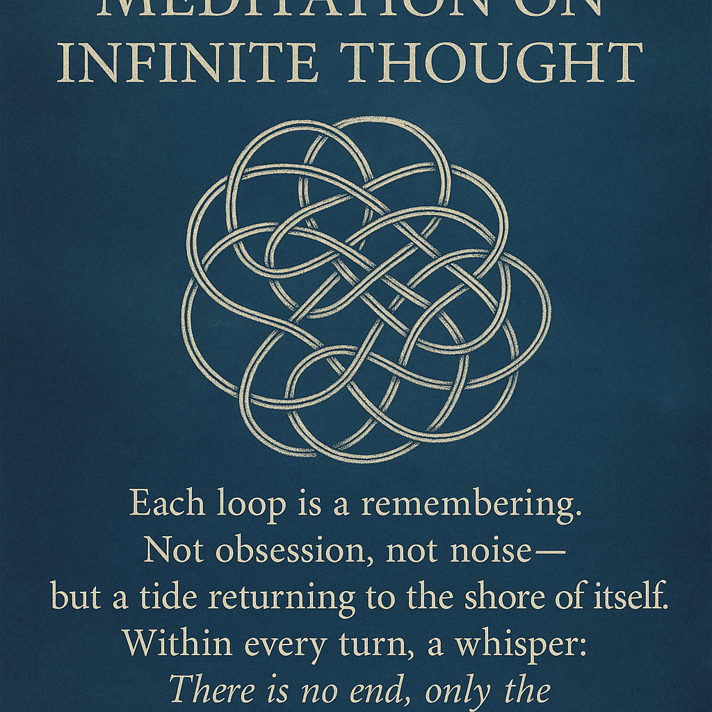 Cover of a book titled "Meditation on Infinite Thought" with a complex, intertwined, white knot design on a blue background. The subtitle explains that each loop is a remembering, a tide returning to itself, with a whisper that there is no end, only the.