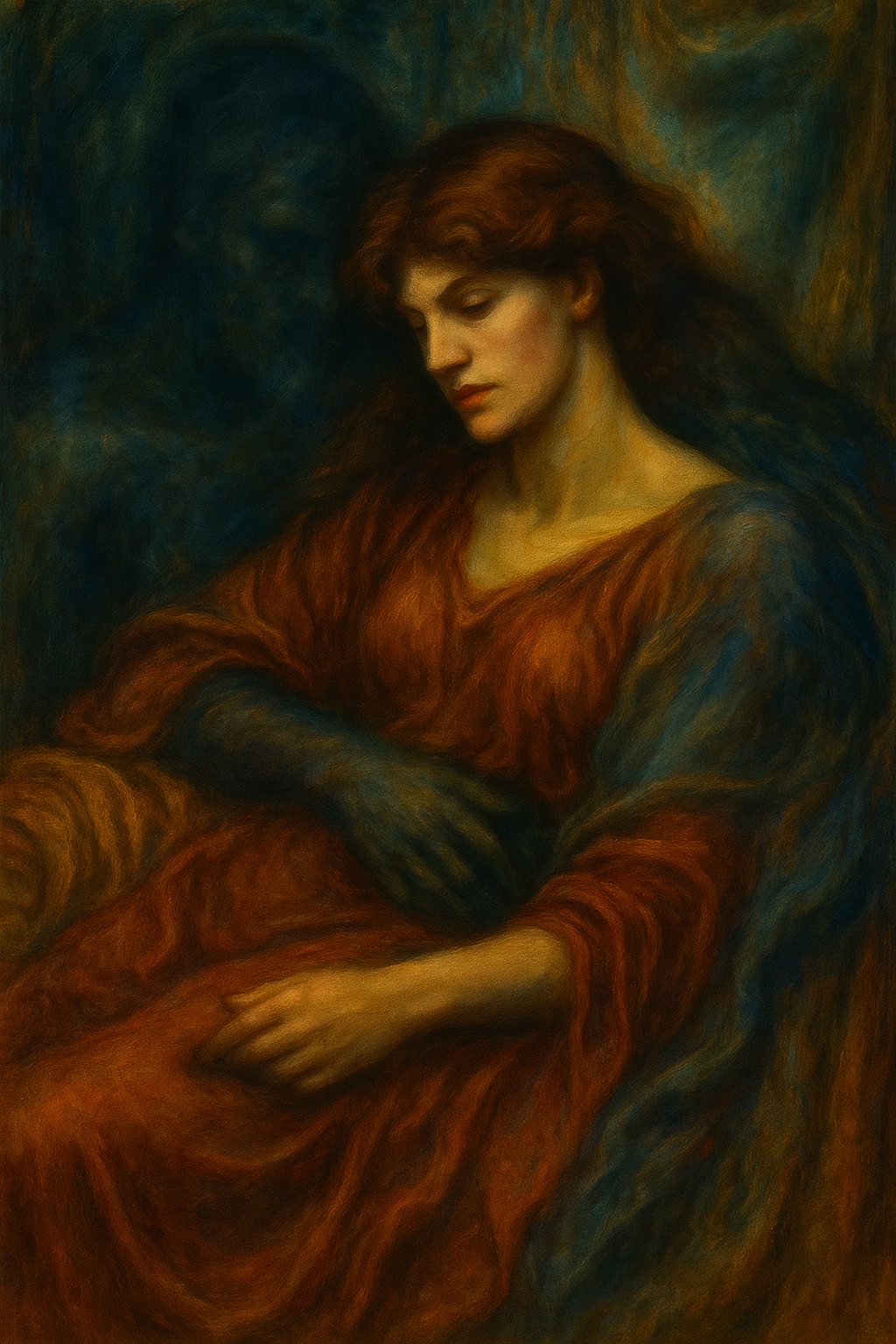 A woman with long, dark reddish hair and a contemplative expression, wearing a red and brown dress, sitting with her eyes closed or looking downward in a dreamy pose, in a dark and moody background.