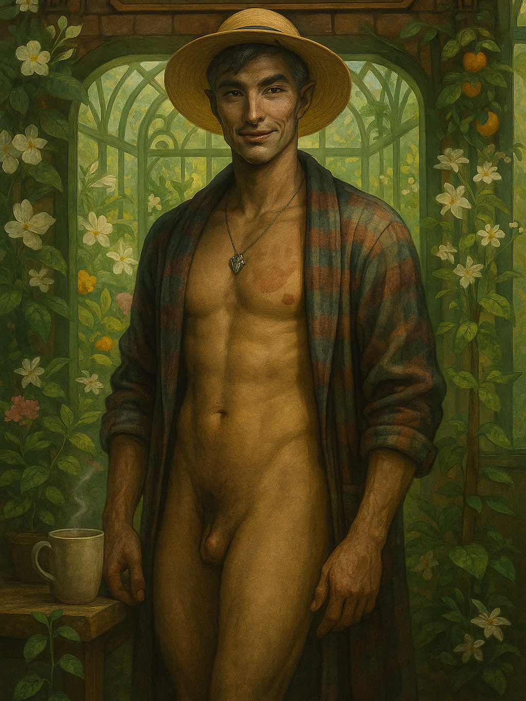 Painting of a man standing nude in a greenhouse, wearing a straw hat, a checkered robe, and a necklace with a heart-shaped pendant, holding a steaming cup of coffee, surrounded by flowering plants.