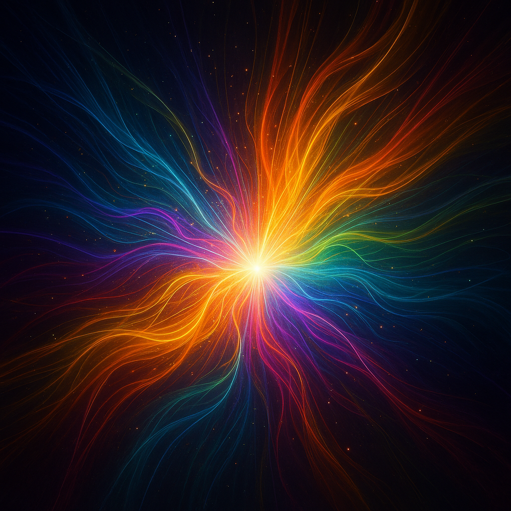Colorful abstract light trails radiating outward from a bright central point in a dark background.