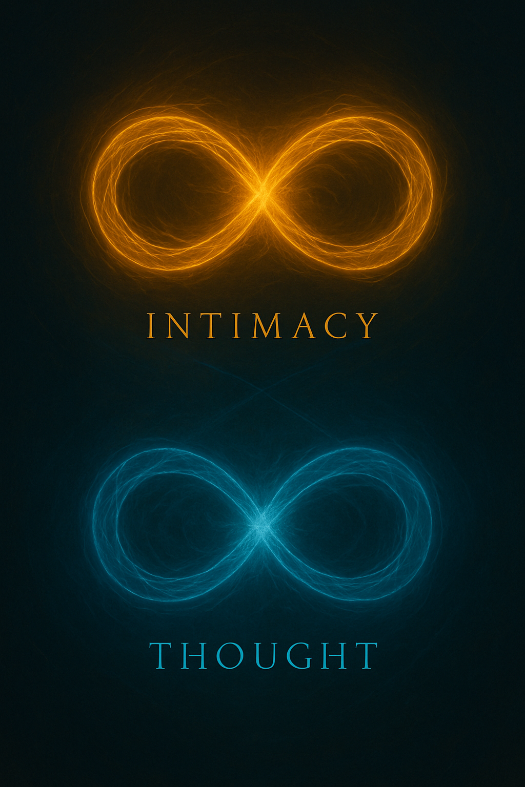 A digital artwork featuring two glowing infinity symbols, one in orange at the top labeled 'INTIMACY' and one in blue at the bottom labeled 'THOUGHT' against a dark background.