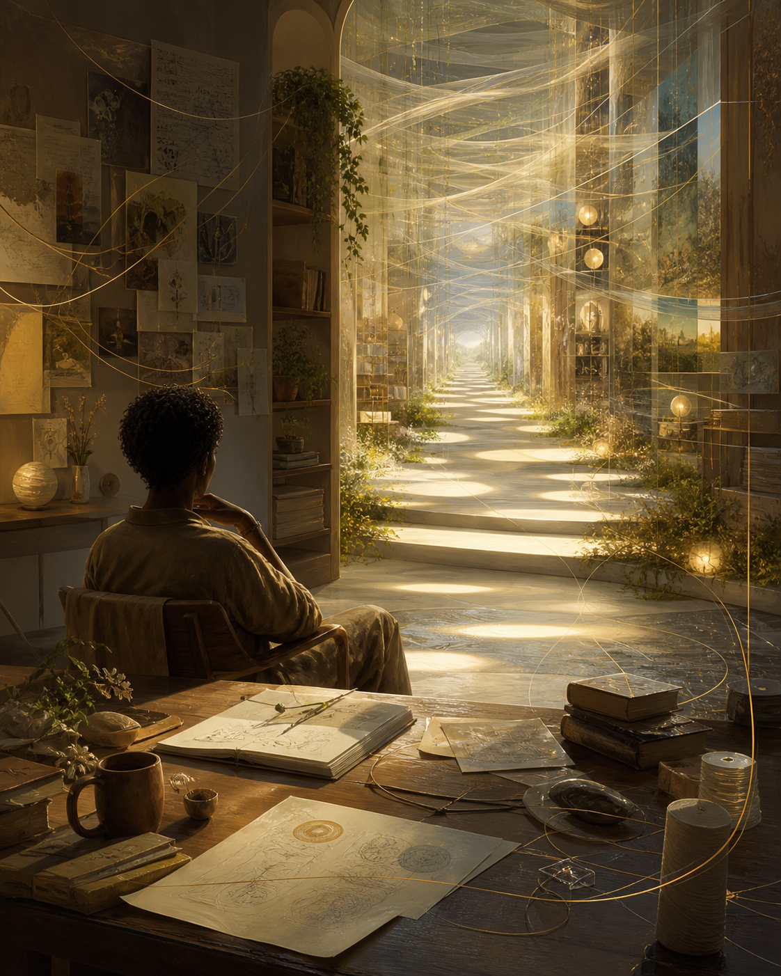 A contemplative figure sits at a desk covered in notes and sketches, facing a luminous corridor of braided light and layered paths stretching into the distance, suggesting accumulated context, relational signal, and the widening “runway”.