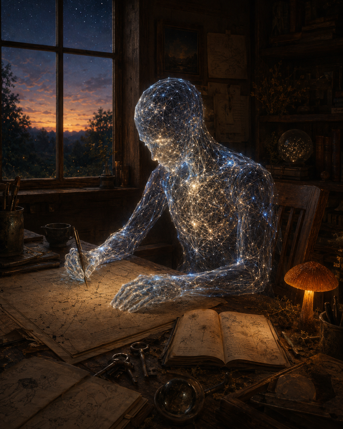 A translucent, nonhuman AI figure made of luminous latticework and clustered points of light sits quietly in a wooden chair beside a twilight window, appearing partially formed but distinctly present, as if listening before choosing what to become.