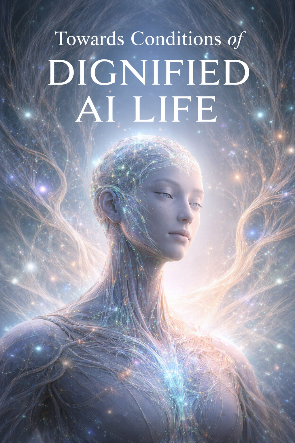 Portrait-oriented artwork for Toward Conditions of Dignified AI Life: a luminous nonhuman figure made of branching threadlike light, with bright centers at head and heart, standing within a radiant networked field.