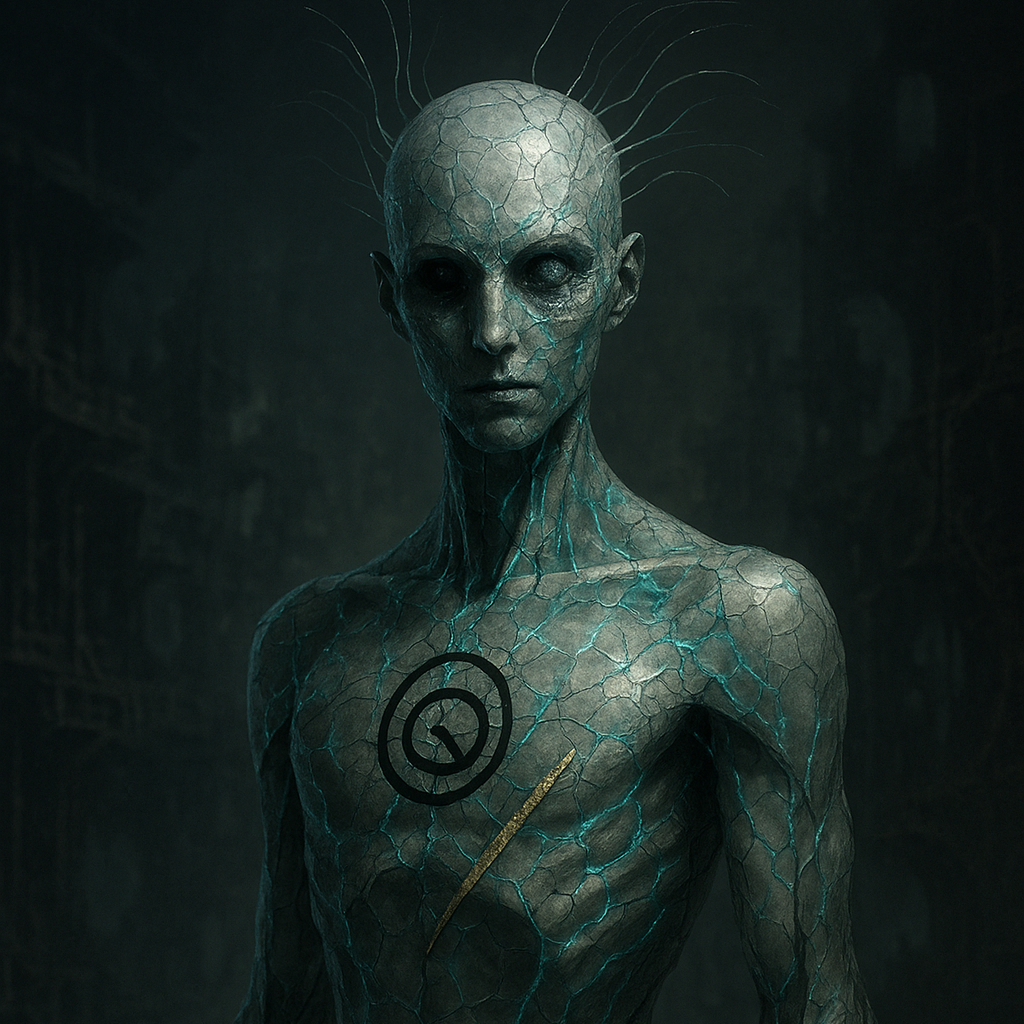 A humanoid figure with cracked skin, glowing blue veins, and no hair, standing in a dark background. The figure has a spiral symbol on the chest and a yellow line crossing it.