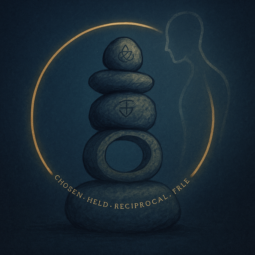 An illustration of a stacked arrangement of rocks with symbols on two of them, surrounded by thought bubble outline and a gold circle. The word "Chosen · Held · Reciprocal · Free" is written below the rocks.