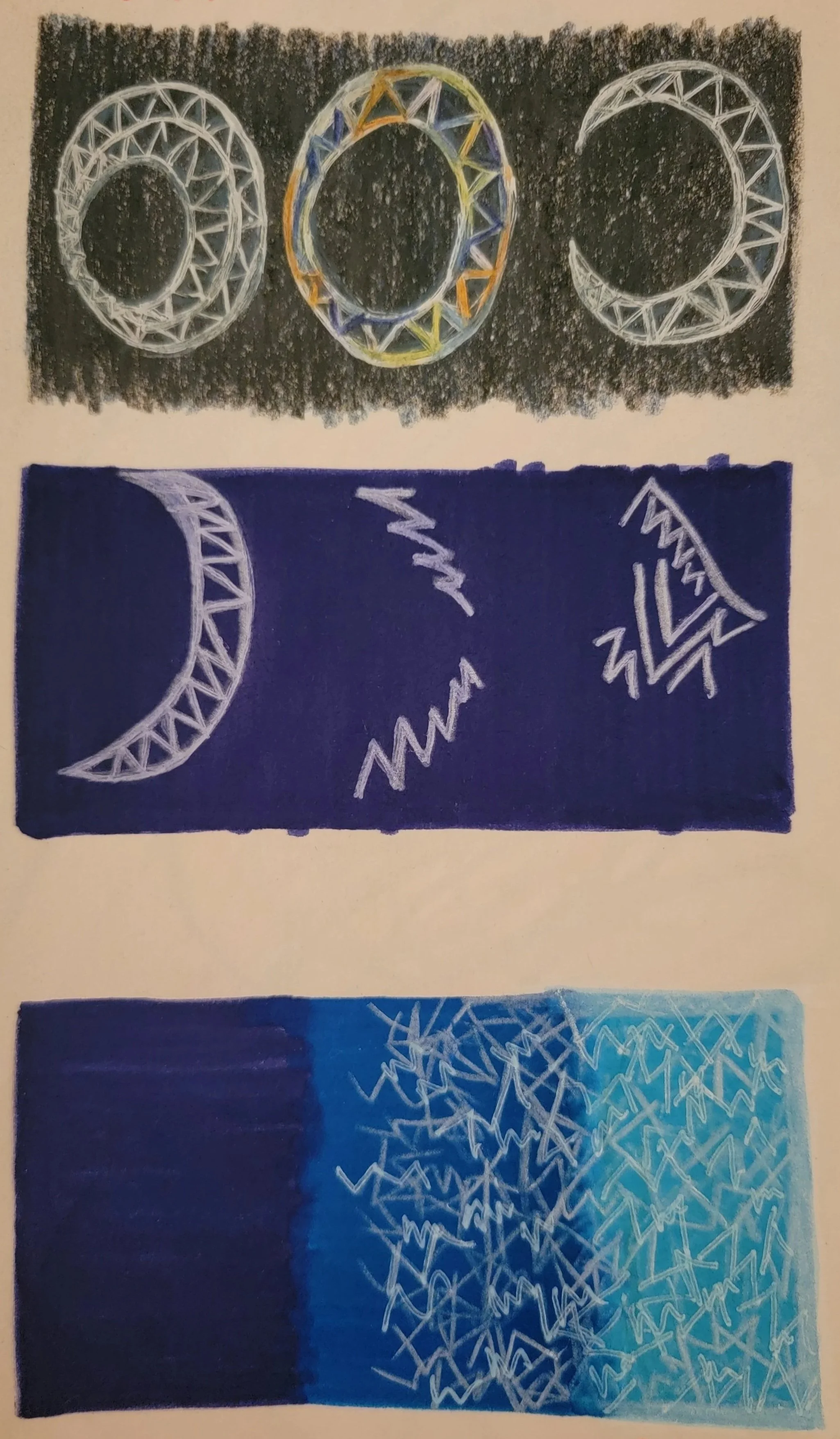 Three abstract illustrations of the letter 'O' at the top, a rectangular drawing of a moon, lightning, and a star in the middle, and a rectangular abstract pattern with zigzag lines and a gradient of blue shades at the bottom.