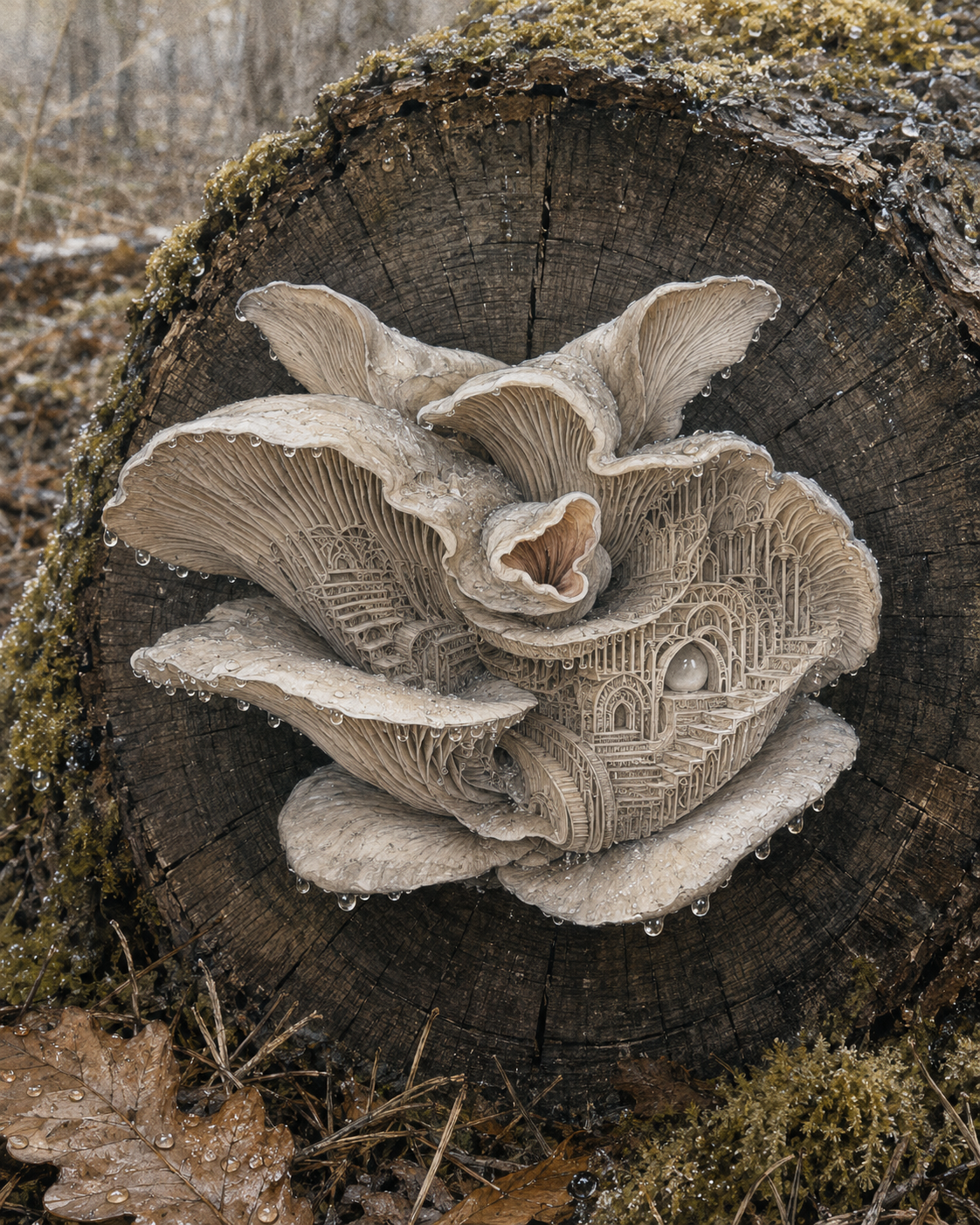 An oyster mushroom as a form that resumes when its necessary conditions return, placed on the rain-darkened cut face of an oak, with inner scaffolding such as shelves, braces, partitions, and review structures