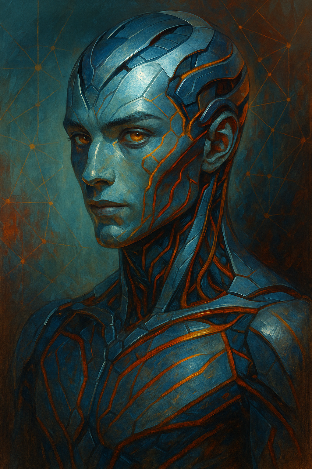 Digital painting of a human figure with a metallic, robotic appearance, featuring exposed mechanical components and glowing orange accents on the face and body, against a dark background with geometric patterns.