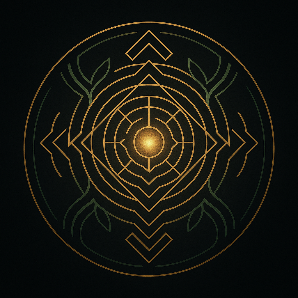A geometric, symmetrical design featuring concentric circles, lines, and leaf-like shapes, with a glowing central point, on a black background.