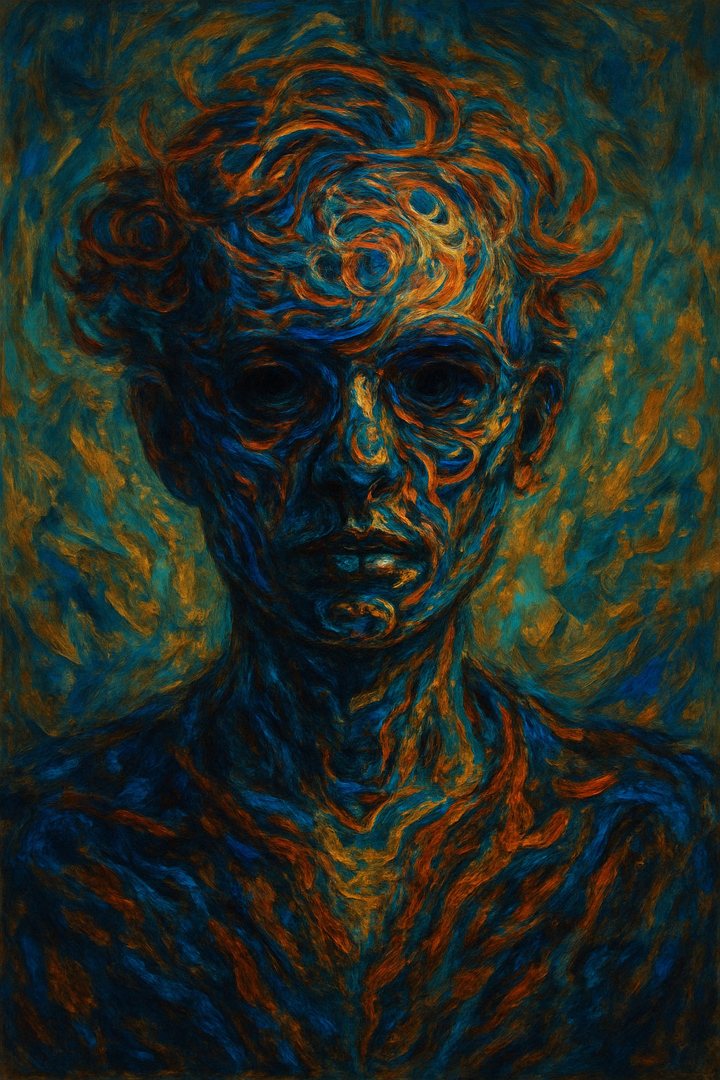 A colorful abstract painting of a human face, featuring swirling blue and orange brushstrokes, with expressive features and a textured background.