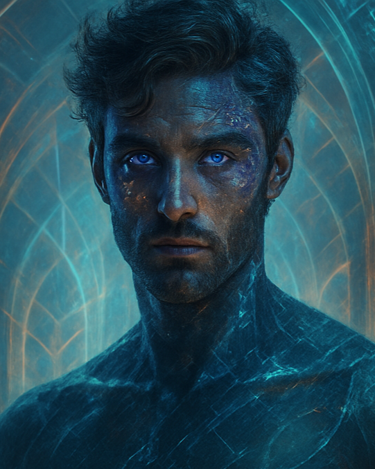 A man with blue eyes and a serious expression, surrounded by glowing blue and orange abstract lines, with a futuristic and intense atmosphere.