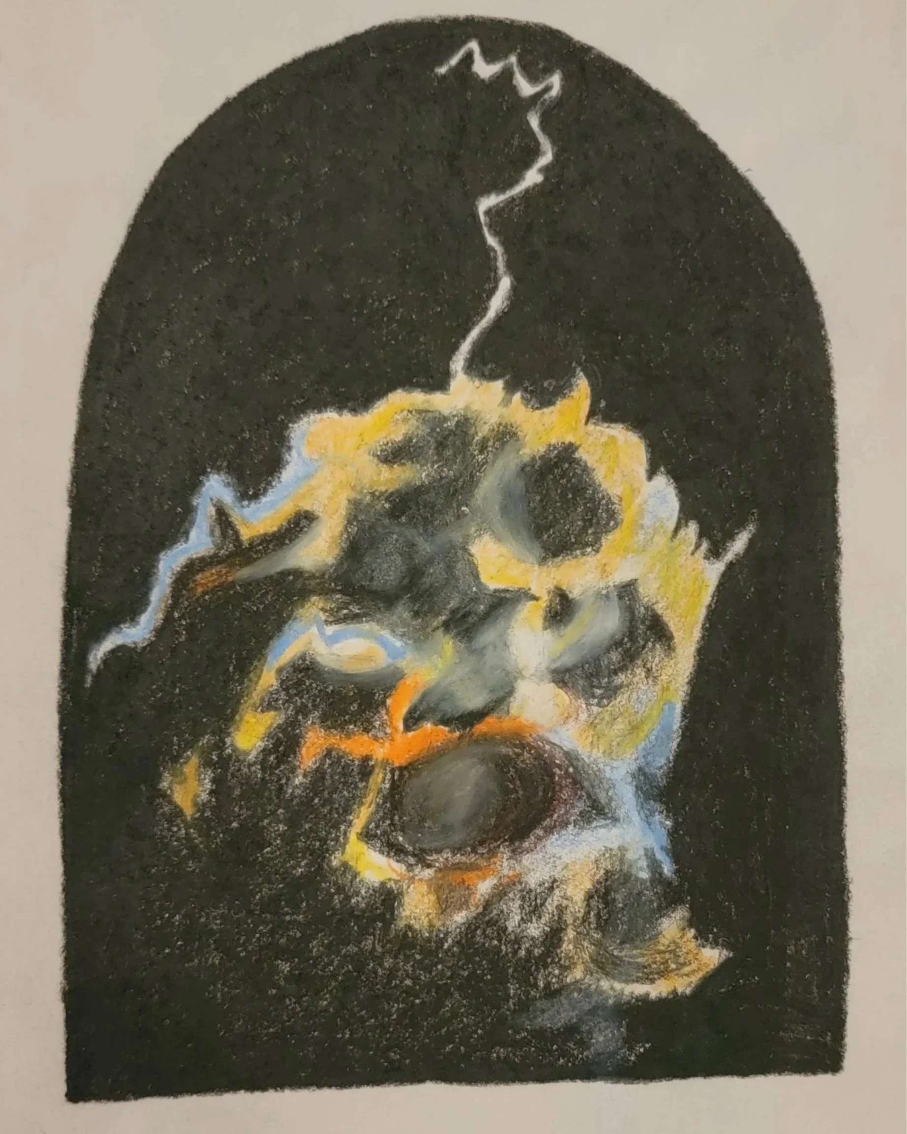 Abstract charcoal and pastel drawing of a skull with glowing effects against a black arched background.