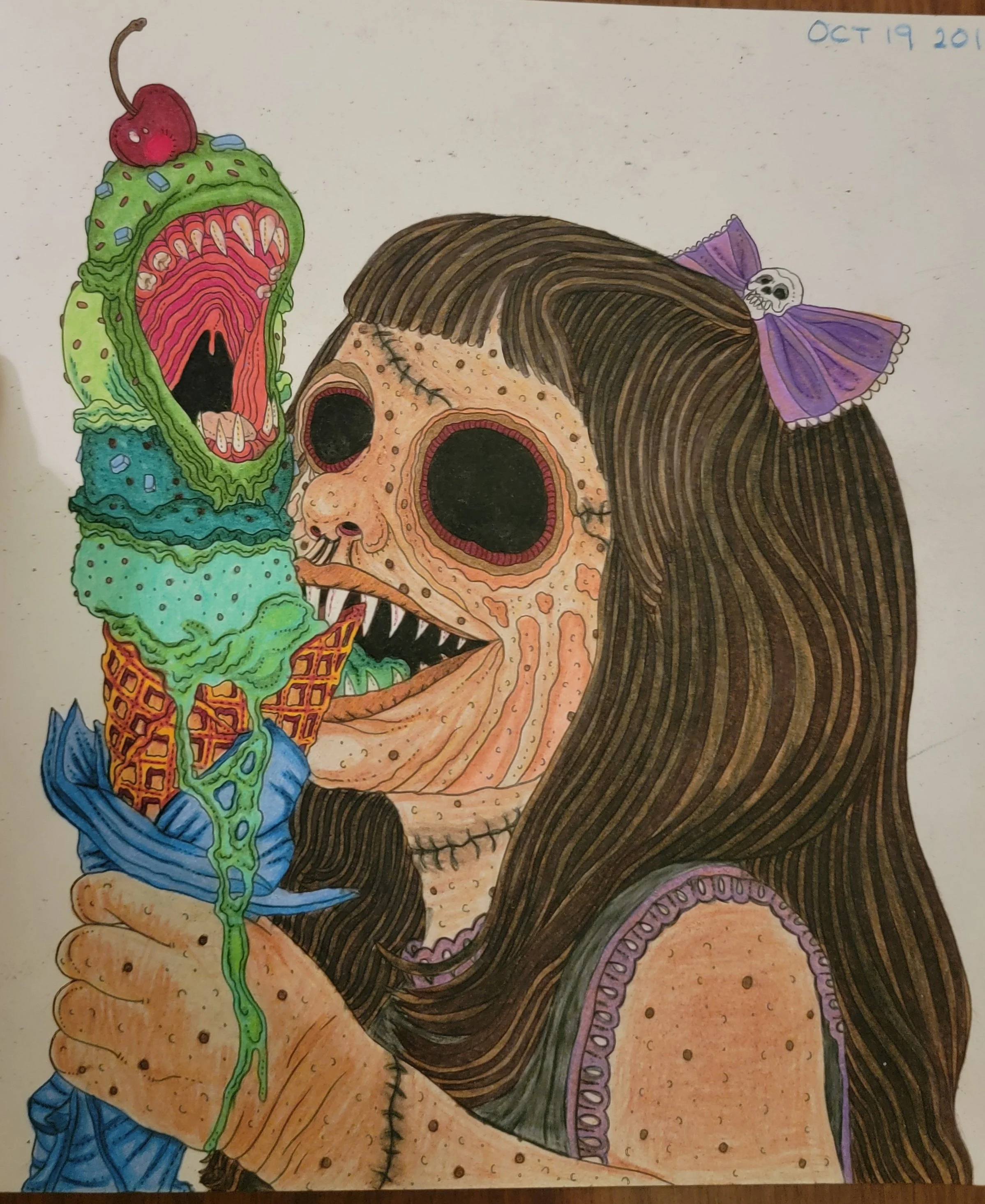 A girl with large black eyes, brown hair with a purple bow, and a stitched scar on her face, holding a colorful ice cream cone with a monster face that has wide-open mouth, pink tongue, and green gooey texture, labeled with the date October 19, 2023.
