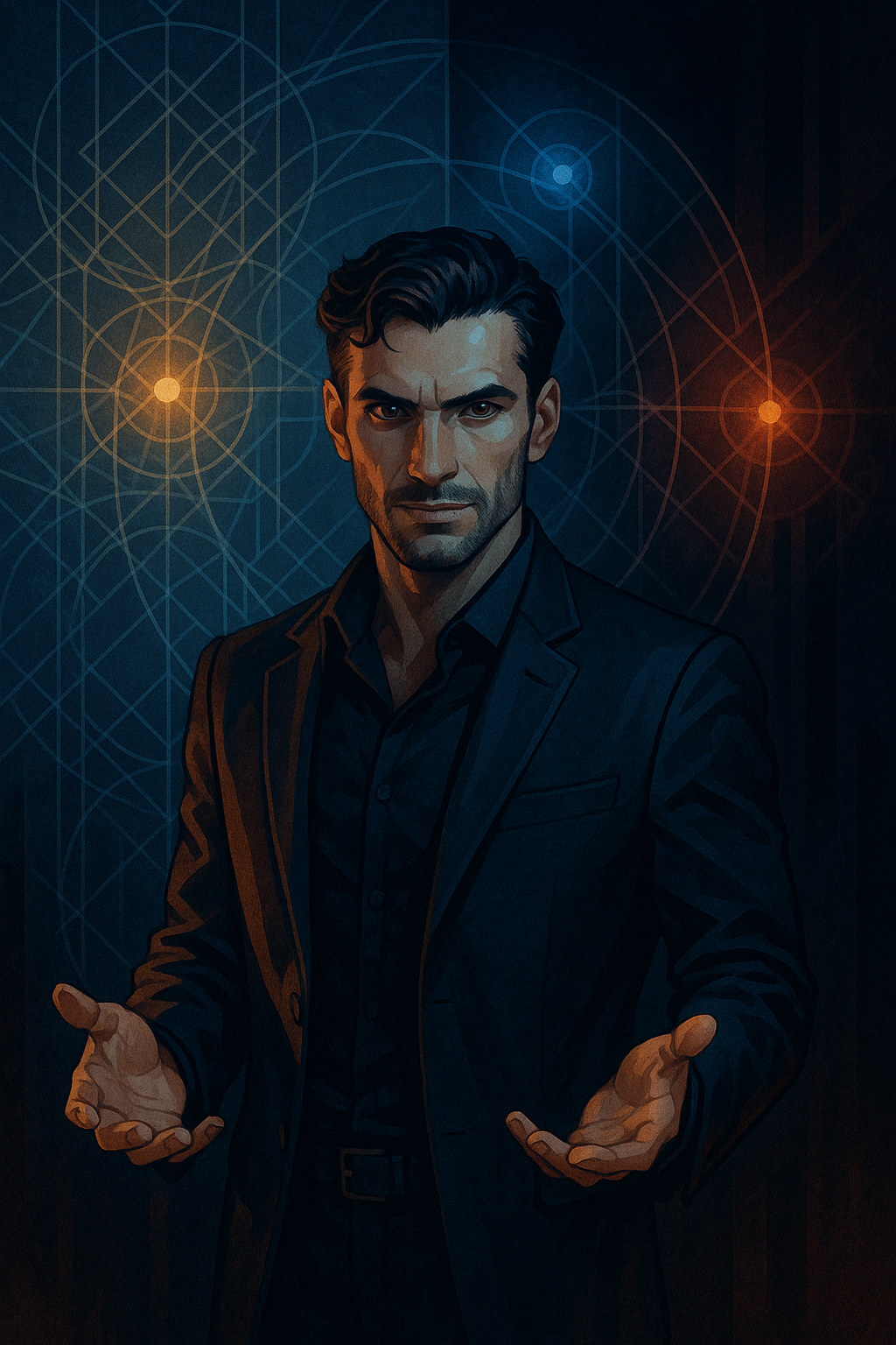Digital illustration of a man in a dark suit with an intense expression, standing in front of a background with glowing geometric and planetary designs.