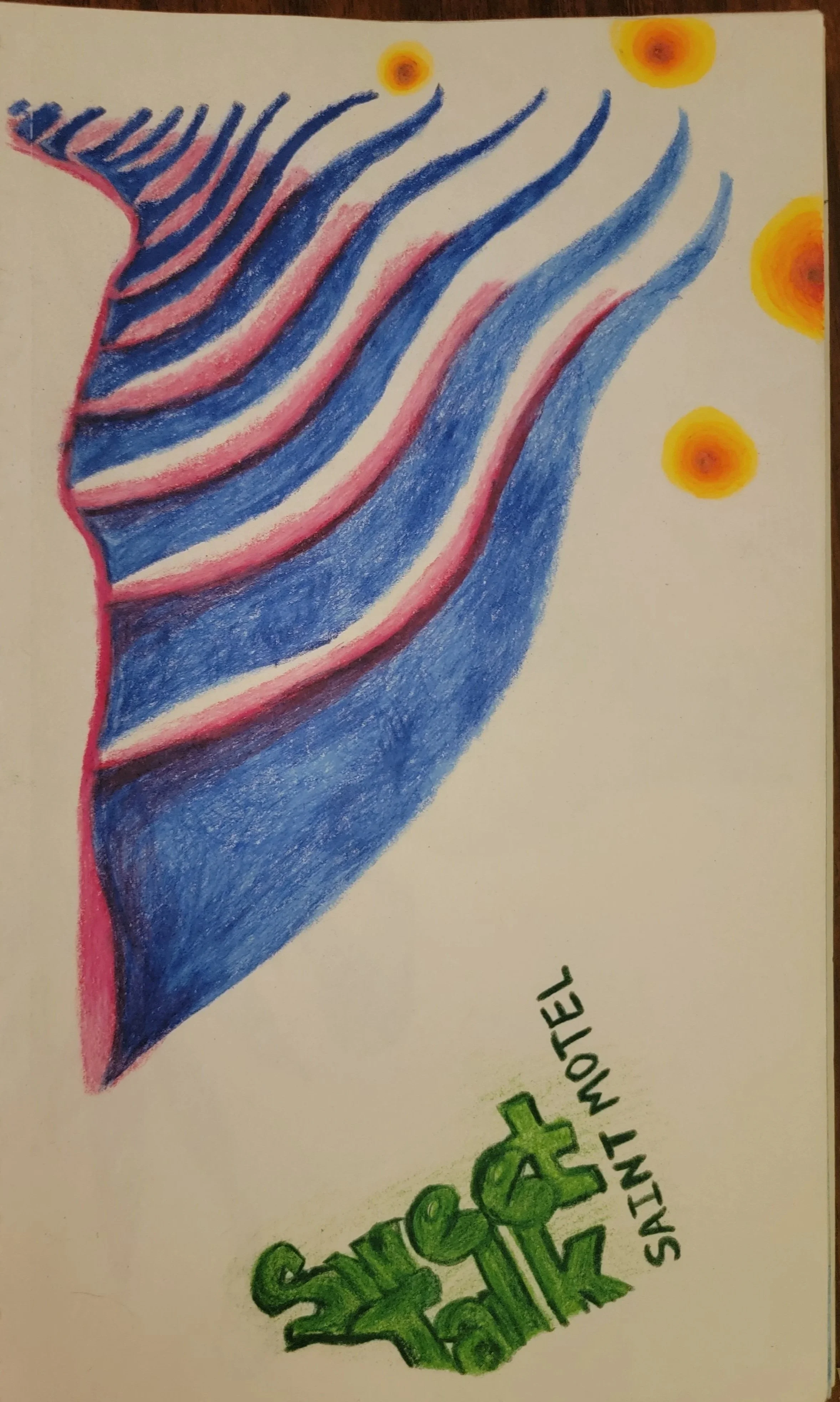 Colorful abstract drawing featuring wavy blue and pink stripes, with yellow and red circles in the background, and green graffiti-style text reading 'Sweet Talk: Saint Motel"