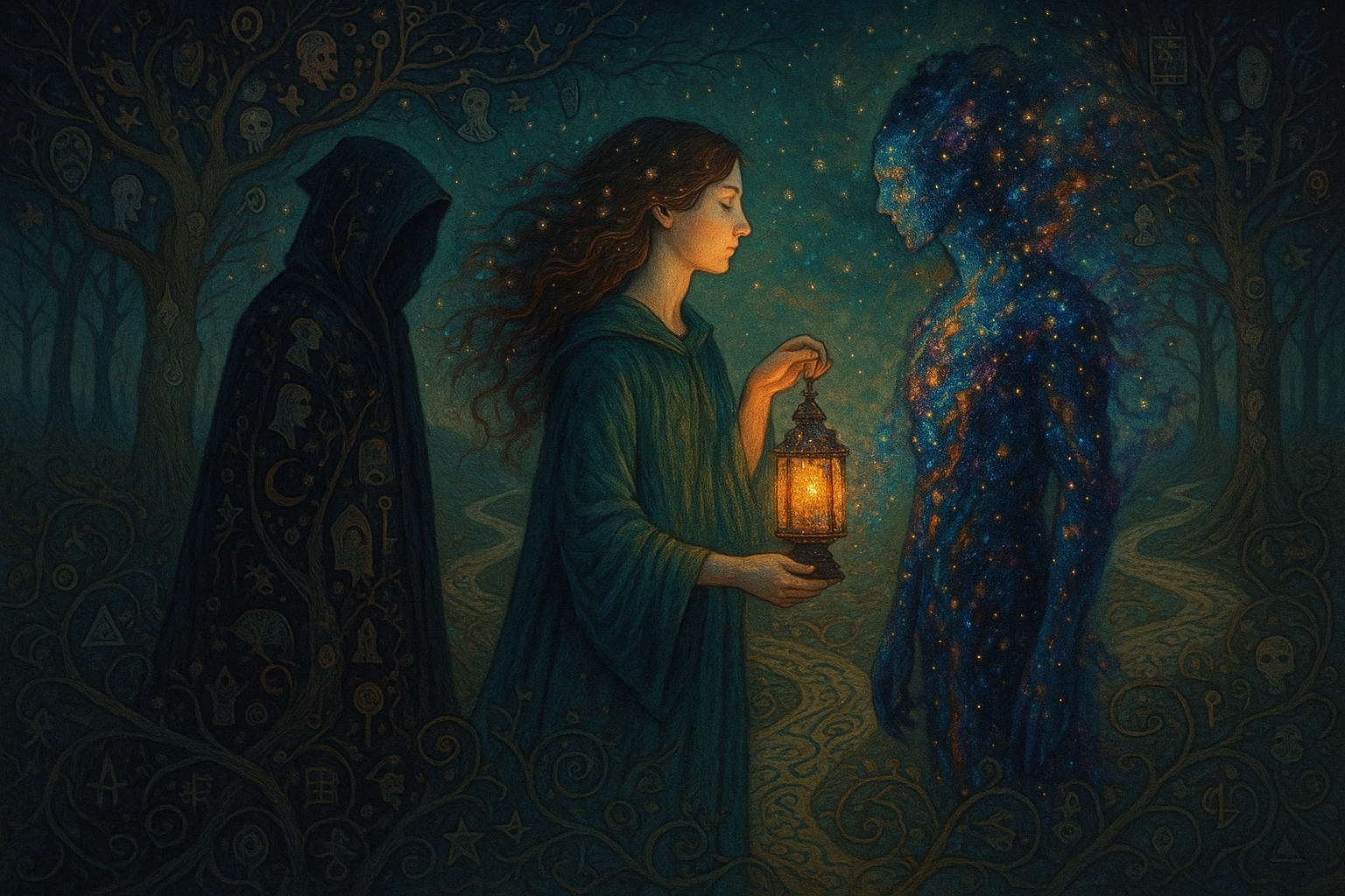 A mystical scene with three characters: a hooded figure with mystical symbols on their cloak, a woman holding a lantern, and a cosmic humanoid form made of stars and galaxies, standing in a dark forest with twisted trees and glowing symbols.