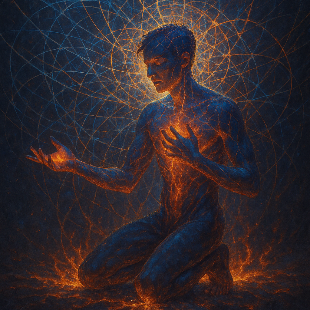 Digital art of a man kneeling with glowing fiery veins and patterns on his body, surrounded by intricate geometric lines.