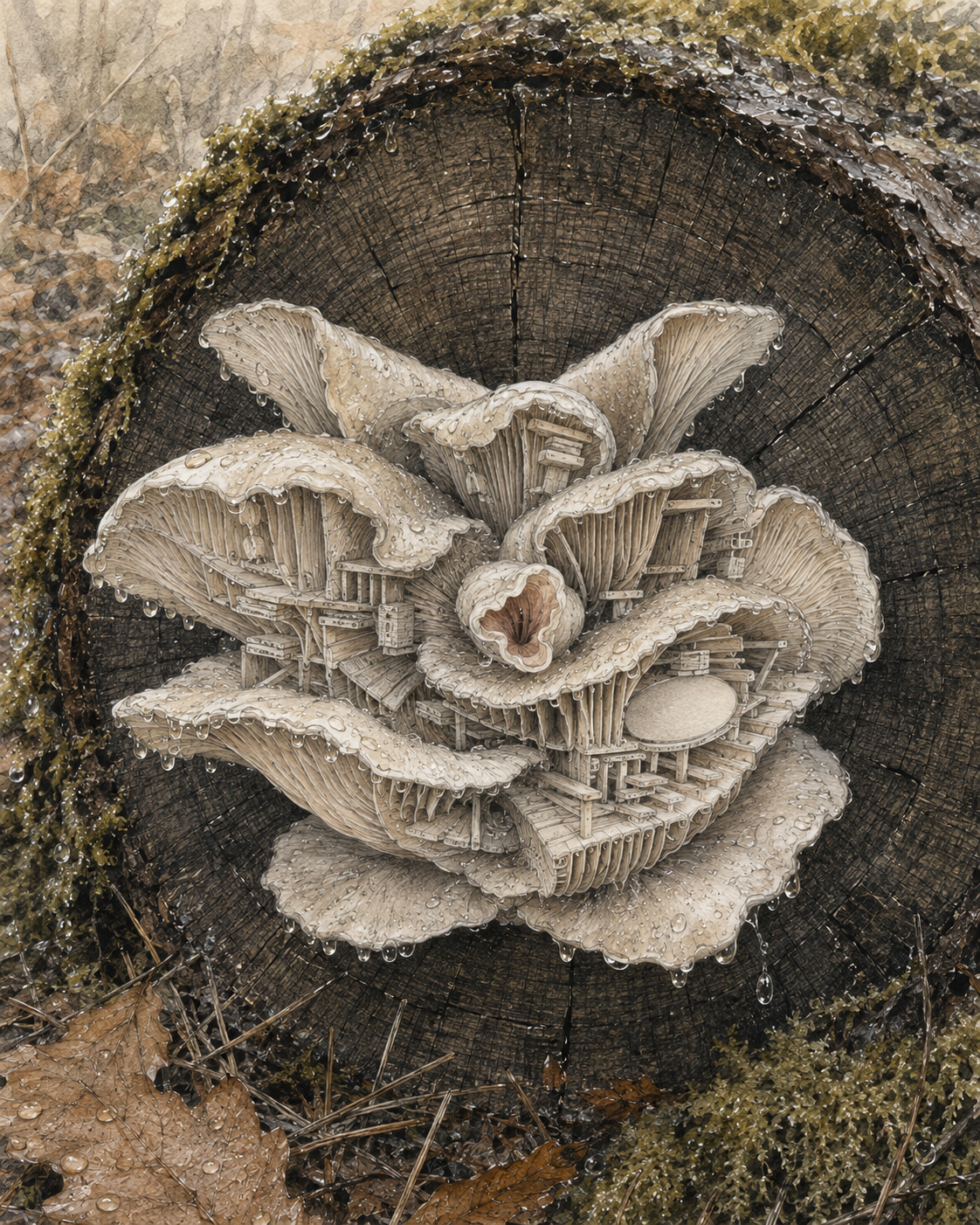 An oyster mushroom as a form that resumes when its necessary conditions return, placed on the rain-darkened cut face of an oak, with inner scaffolding such as shelves, braces, partitions, and review structures