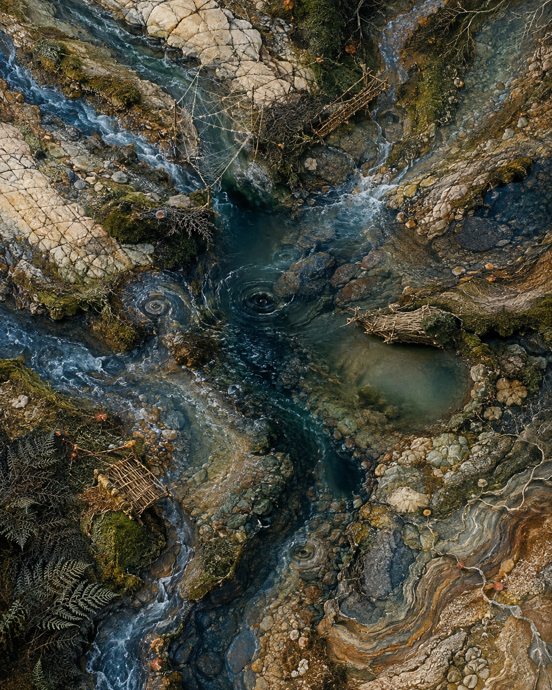 A mixed-media landscape of several streams flowing through fractured cream quartzite, dark earth, moss, roots, and ferns. Distinct currents enter from multiple edges and gather around several small whirlpools and a deep blue-green central pool