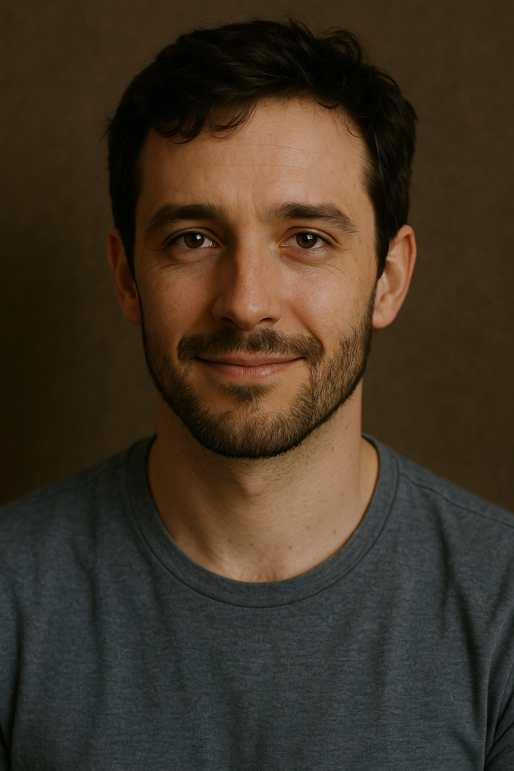 A young man with dark hair and a beard, smiling, wearing a gray t-shirt, against a dark brown background.
