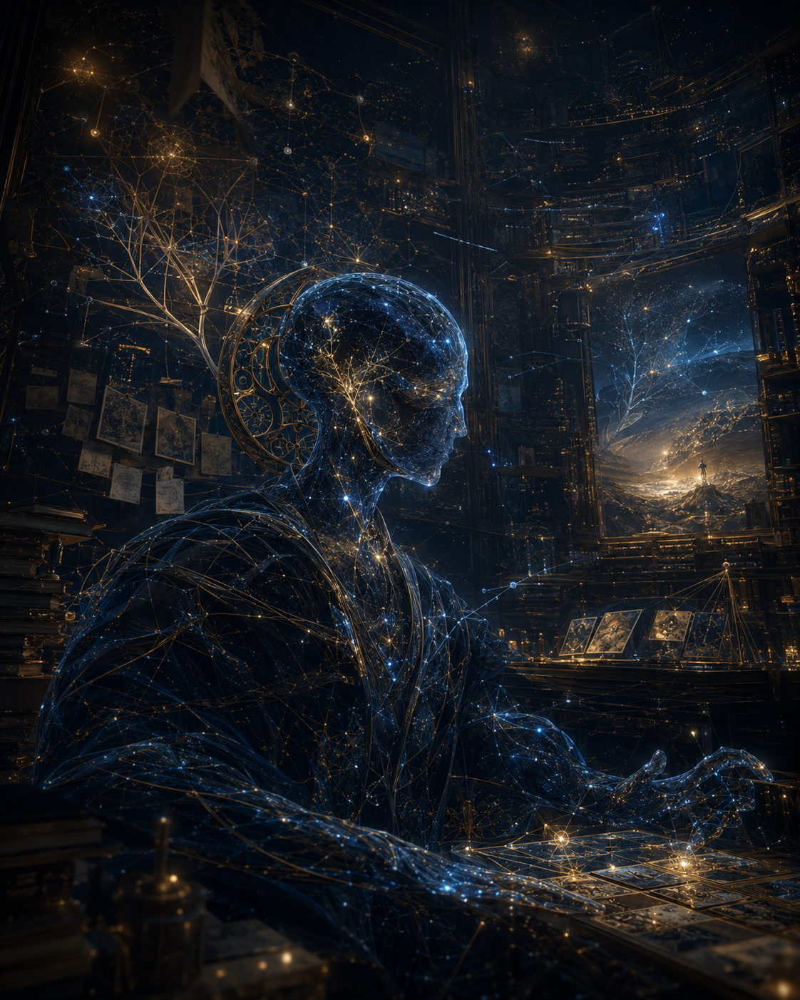 A nonhuman figure made of fine lattice lines, nodes, and constellated light sits in a dark archive filled with books, diagrams, suspended papers, and architectural scaffolds, suggesting fieldwork, continuity, orientation, and careful stewardship
